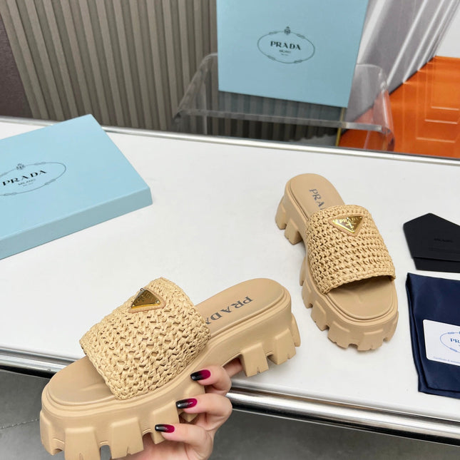 PRA THICK-SOLED CROCHET SANDALS BEIGE WOVEN FABRIC