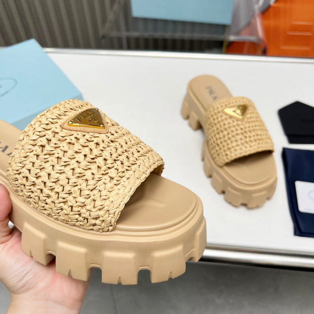 PRA THICK-SOLED CROCHET SANDALS BEIGE WOVEN FABRIC