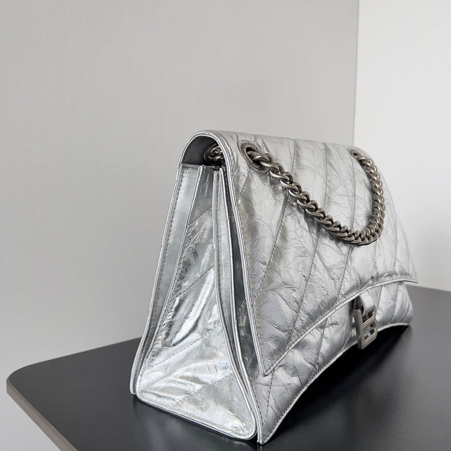 CRUSH CHAINED BAG 32 IN SILVER METALLIC QUILTED CRUSHED CALFSKIN