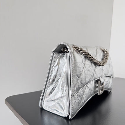 CRUSH CHAINED BAG 25 IN SILVER METALLIC QUILTED CRUSHED CALFSKIN