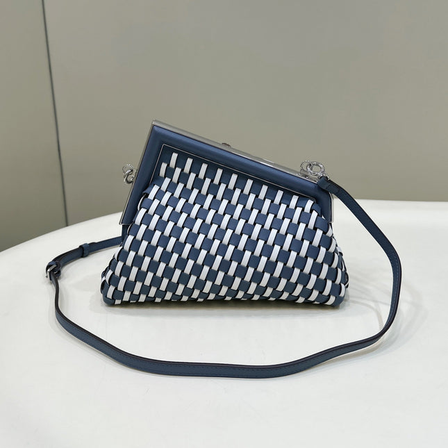 FENDI 26 FIRST SMALL IN MIDNIGHT BLUE MIX WHITE CALFSKIN SILVER HARDWARE