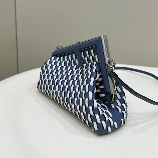 FENDI 26 FIRST SMALL IN MIDNIGHT BLUE MIX WHITE CALFSKIN SILVER HARDWARE