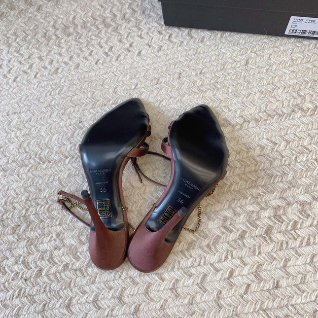 CROSS STRAP HIGH HEEL IN CHESTNUT SILK GOLD CHAIN