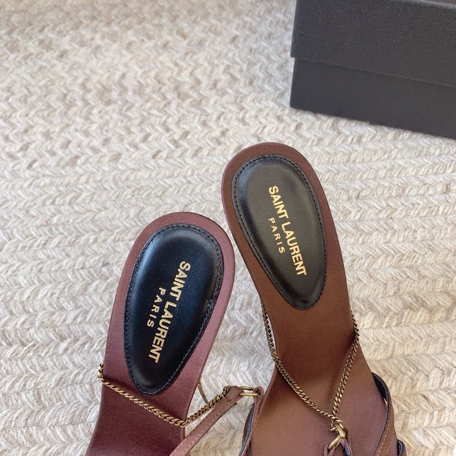 CROSS STRAP HIGH HEEL IN CHESTNUT SILK GOLD CHAIN