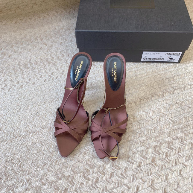 CROSS STRAP HIGH HEEL IN CHESTNUT SILK GOLD CHAIN