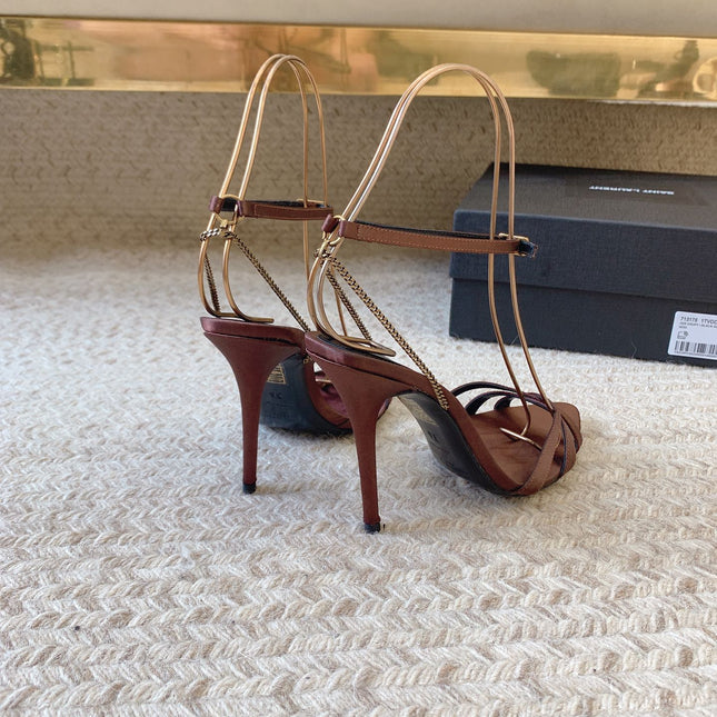 CROSS STRAP HIGH HEEL IN CHESTNUT SILK GOLD CHAIN