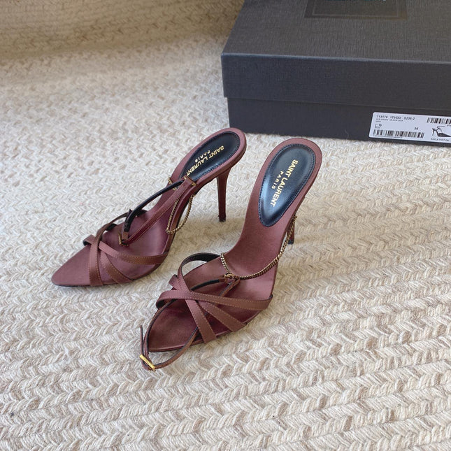 CROSS STRAP HIGH HEEL IN CHESTNUT SILK GOLD CHAIN