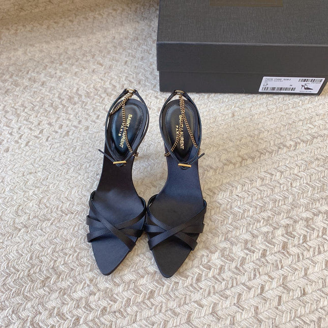 CROSS STRAP HIGH HEEL IN BLACK SILK GOLD CHAIN
