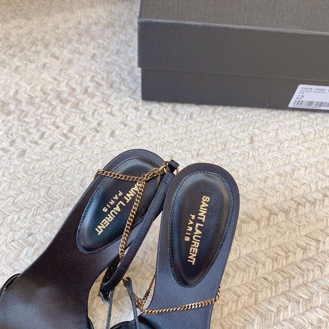 CROSS STRAP HIGH HEEL IN BLACK SILK GOLD CHAIN