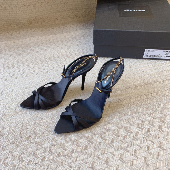 CROSS STRAP HIGH HEEL IN BLACK SILK GOLD CHAIN