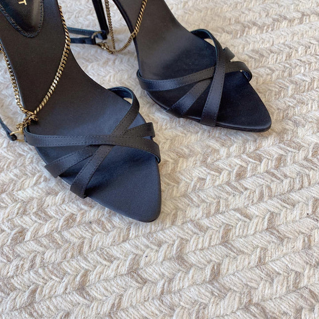 CROSS STRAP HIGH HEEL IN BLACK SILK GOLD CHAIN