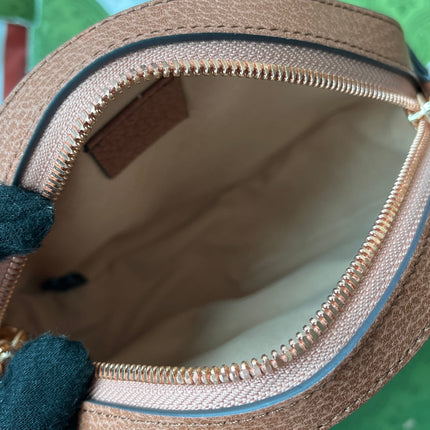 OPHIDIA MINI ROUND SHOULDER BAG 18 IN BLUSH PINK CANVAS AND BROWN LEATHER TRIM