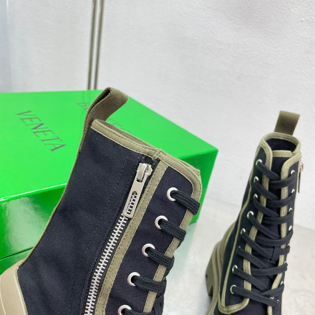 RIBBON BOMBER LACE-UP BOOTS IN BLACK MIX OLIVE GREEN CANVAS