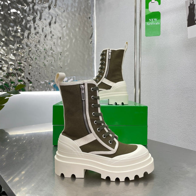 RIBBON BOMBER LACE-UP BOOTS IN OLIVE GREEN MIX WHITE CANVAS