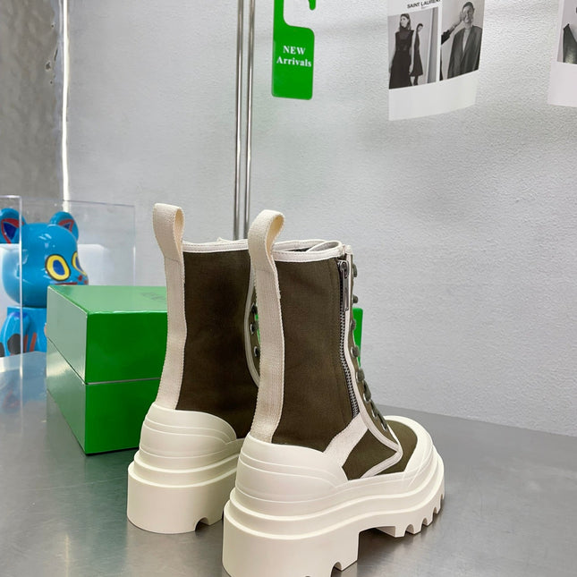 RIBBON BOMBER LACE-UP BOOTS IN OLIVE GREEN MIX WHITE CANVAS