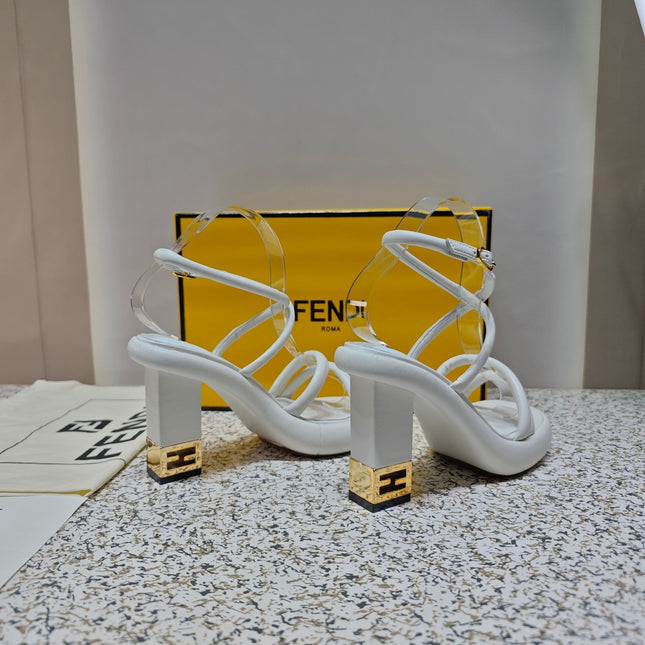 FENDI CHUNKY HIGH-HEELED SANDAL IN WHITE CALFKIN WITH GOLD HARDWARE