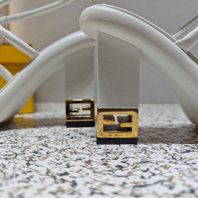 FENDI CHUNKY HIGH-HEELED SANDAL IN WHITE CALFKIN WITH GOLD HARDWARE