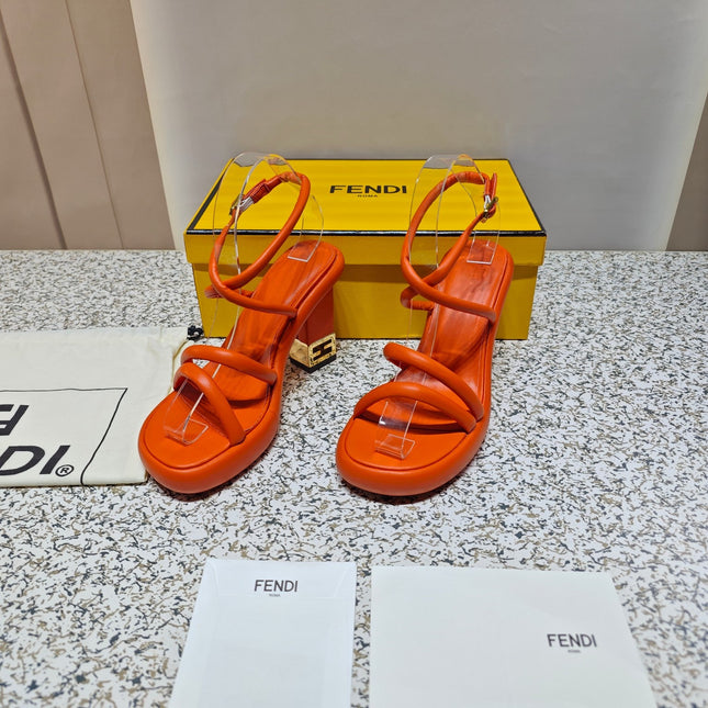 FENDI CHUNKY HIGH-HEELED SANDAL IN ORANGE RED CALFKIN WITH GOLD HARDWARE