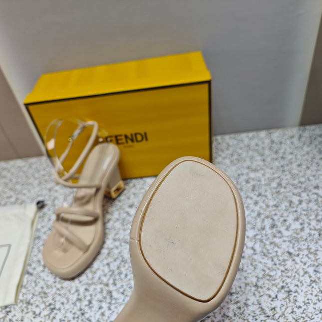 FENDI CHUNKY HIGH-HEELED SANDAL IN BEIGE BISQUE CALFKIN WITH GOLD HARDWARE