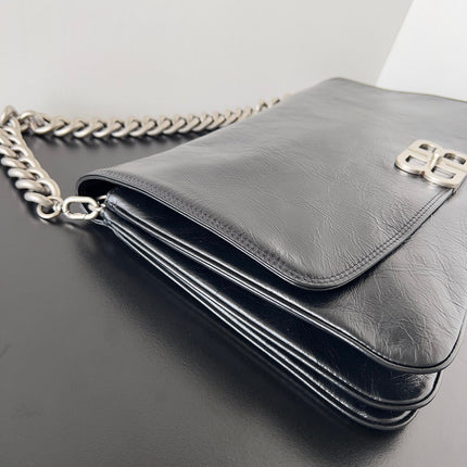 BB SOFT FLAP BAG 36 IN BLACK PEACH CALFSKIN SILVER HARDWARE