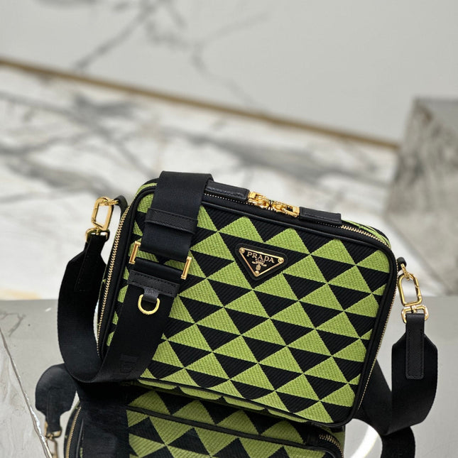 MESSENGER BAG 22 IN OCADO GREEN AND BLACK EMBROIDERED FABRIC GOLD HARDWARE