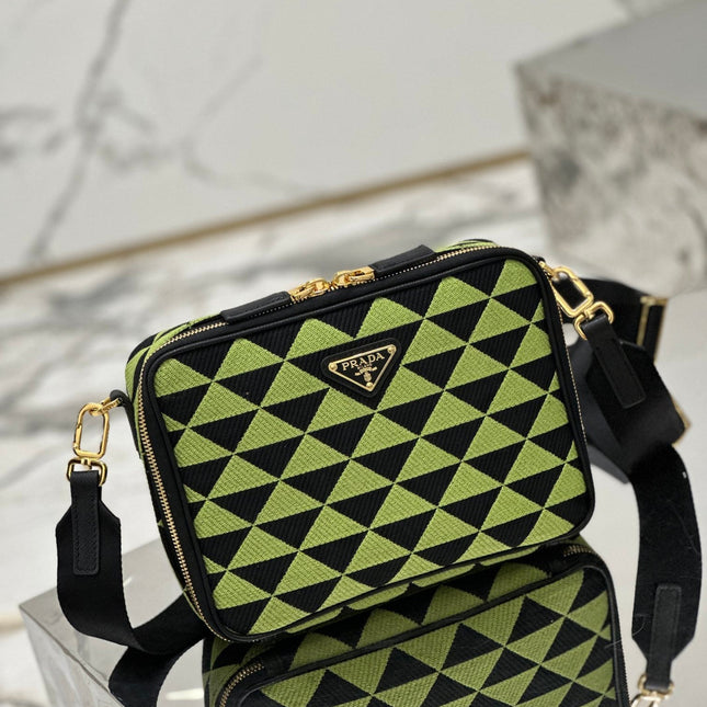 MESSENGER BAG 22 IN OCADO GREEN AND BLACK EMBROIDERED FABRIC GOLD HARDWARE