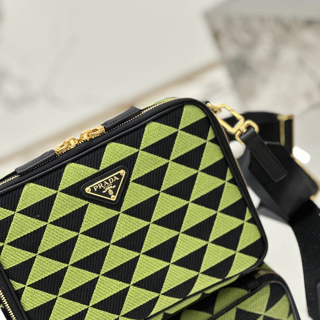 MESSENGER BAG 22 IN OCADO GREEN AND BLACK EMBROIDERED FABRIC GOLD HARDWARE