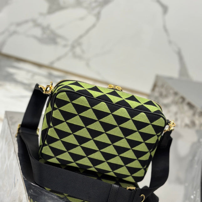 MESSENGER BAG 22 IN OCADO GREEN AND BLACK EMBROIDERED FABRIC GOLD HARDWARE