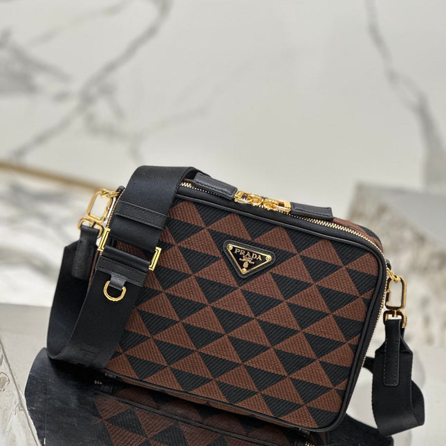 MESSENGER BAG 22 IN BLACK AND BROWN EMBROIDERED FABRIC GOLD HARDWARE