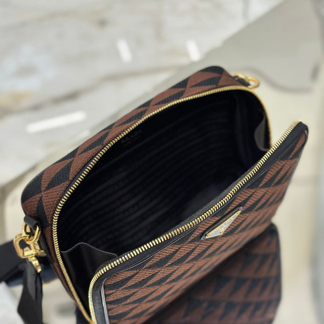 MESSENGER BAG 22 IN BLACK AND BROWN EMBROIDERED FABRIC GOLD HARDWARE