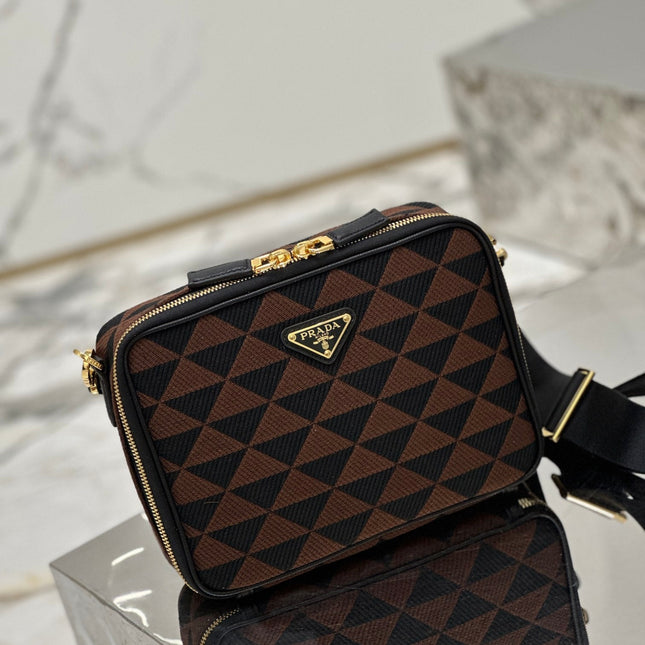 MESSENGER BAG 22 IN BLACK AND BROWN EMBROIDERED FABRIC GOLD HARDWARE