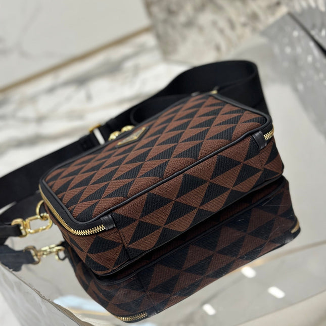 MESSENGER BAG 22 IN BLACK AND BROWN EMBROIDERED FABRIC GOLD HARDWARE