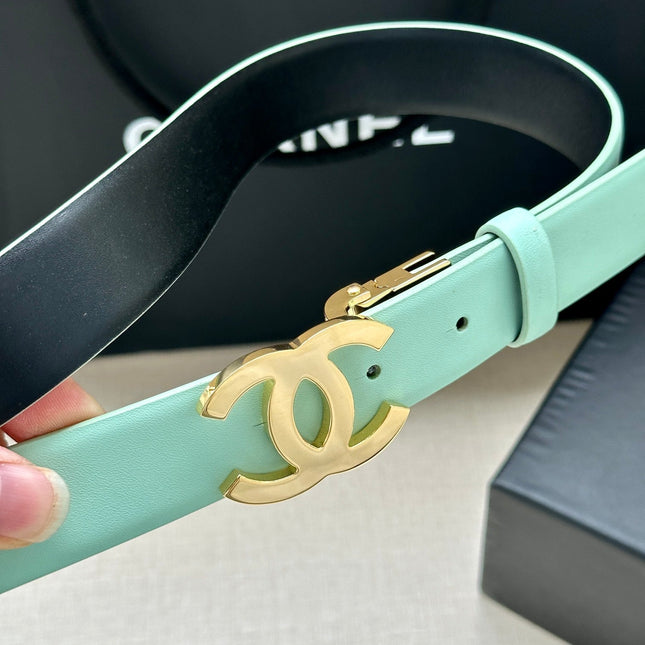 CC 30MM BELT IN GREEN MINT AND BLACK CALFSKIN WITH GOLD HARDWARE