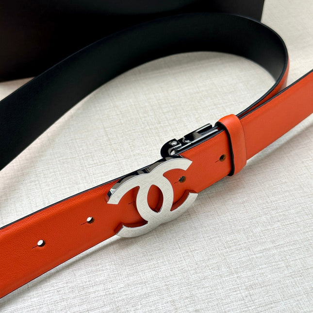 CC 30MM BELT IN FIRE ORANGE AND BLACK CALFSKIN WITH SILVER HARDWARE