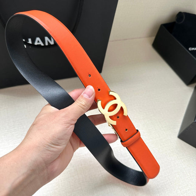 CC 30MM BELT IN FIRE ORANGE AND BLACK CALFSKIN WITH GOLD HARDWARE