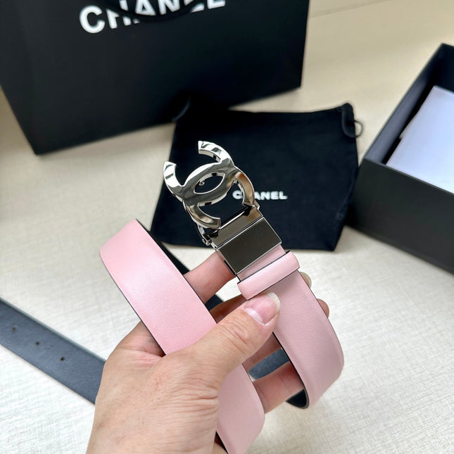 CC 30MM BELT IN LIGHT PINK AND BLACK CALFSKIN WITH SILVER HARDWARE