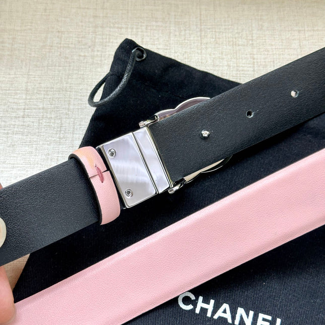 CC 30MM BELT IN LIGHT PINK AND BLACK CALFSKIN WITH SILVER HARDWARE