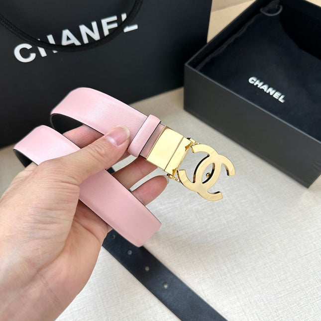 CC 30MM BELT IN LIGHT PINK AND BLACK CALFSKIN WITH GOLD HARDWARE