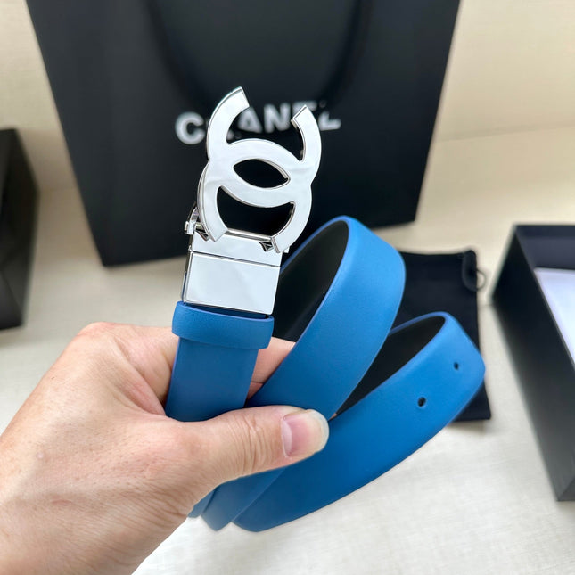 CC 30MM BELT IN BLUE AND BLACK CALFSKIN WITH SILVER HARDWARE