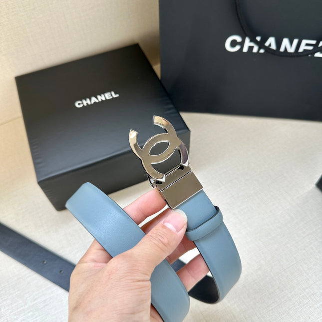 CC 30MM BELT IN STONE BLUE AND BLACK CALFSKIN WITH SILVER HARDWARE
