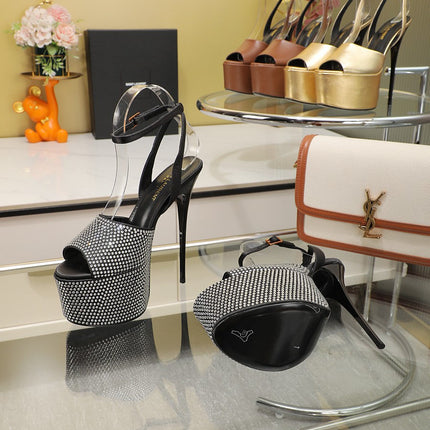 SL SUPER HIGH HEELS SANDAL BLACK SATIN-WHITE CRYSTAL
