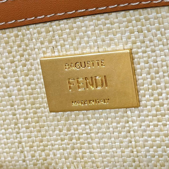 Fend Baguette Tan Beige Canvas Bag 27 with FF Embroidery Ghw