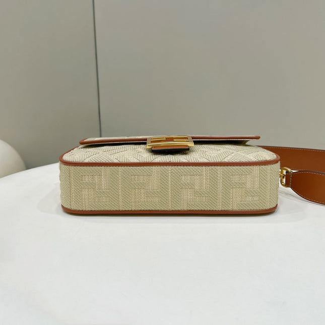 Fend Baguette Tan Beige Canvas Bag 27 with FF Embroidery Ghw