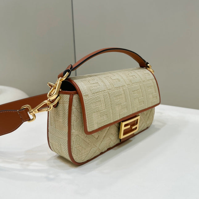 Fend Baguette Tan Beige Canvas Bag 27 with FF Embroidery Ghw