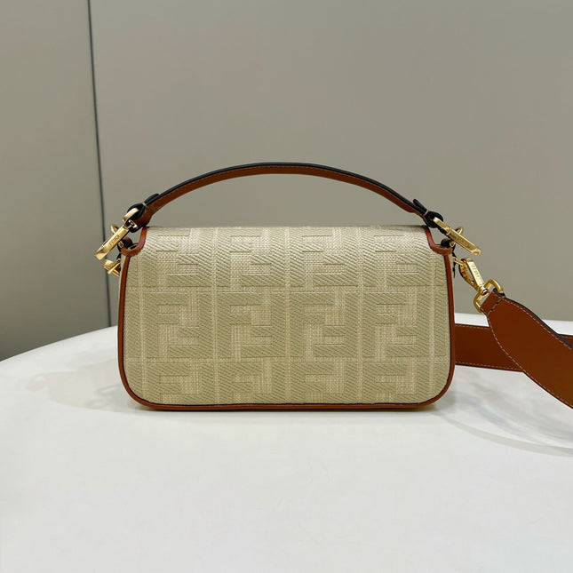 Fend Baguette Tan Beige Canvas Bag 27 with FF Embroidery Ghw