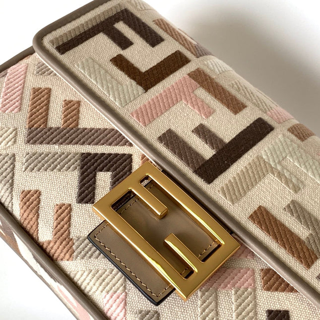 Fend Baguette White Brown and Multicolour Canvas Bag 27 with FF Embroidery Ghw