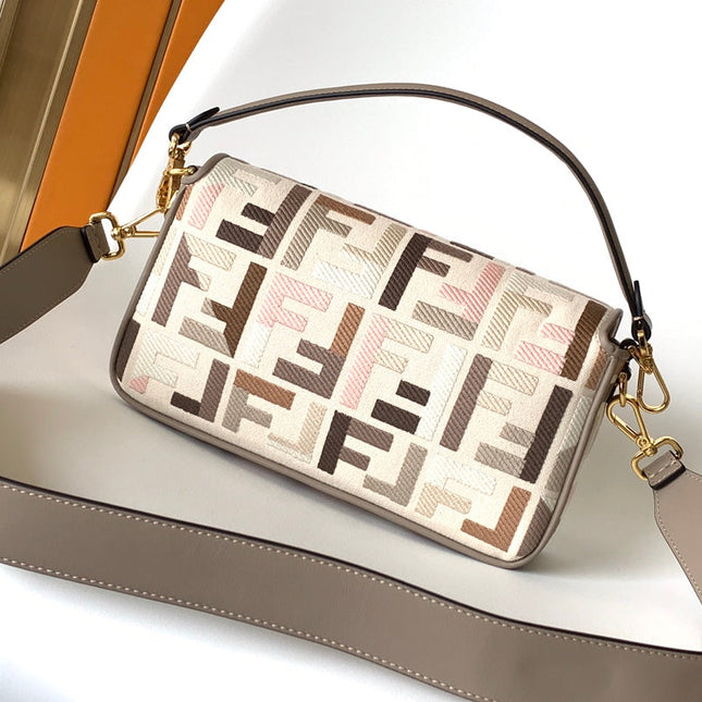 Fend Baguette White Brown and Multicolour Canvas Bag 27 with FF Embroidery Ghw