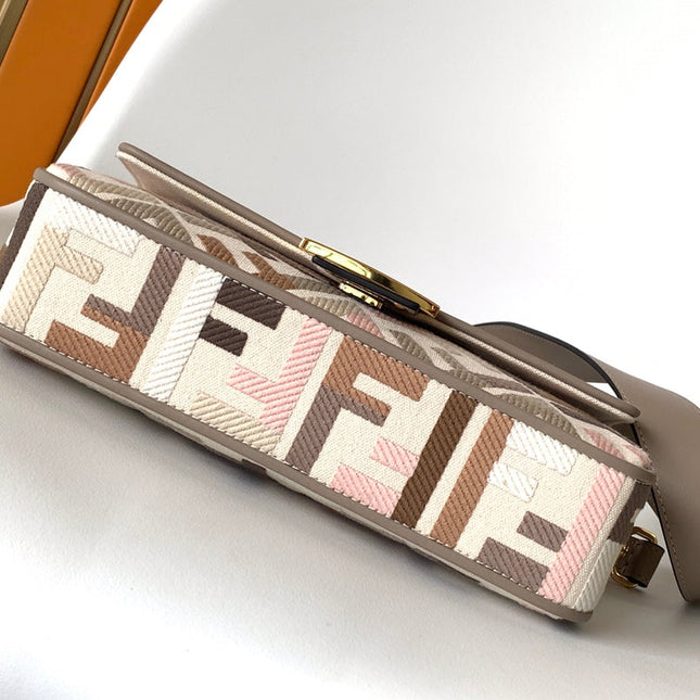 Fend Baguette White Brown and Multicolour Canvas Bag 27 with FF Embroidery Ghw