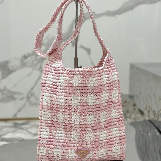 SMALL TOTE BAG 29 IN PINK MIX WHITE AND BLACK WOVEN RAFFIA