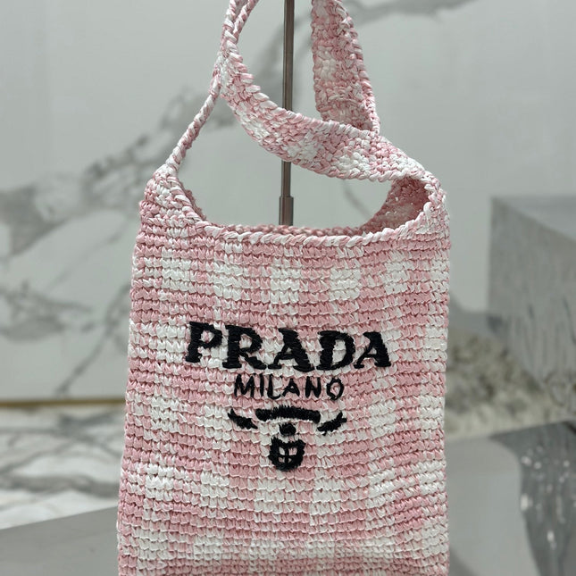 SMALL TOTE BAG 29 IN PINK MIX WHITE AND BLACK WOVEN RAFFIA
